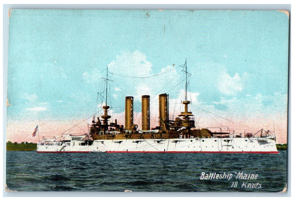 1911 Battleship Maine Navy American Flag Smokestacks Townshend Vermont Postcard
