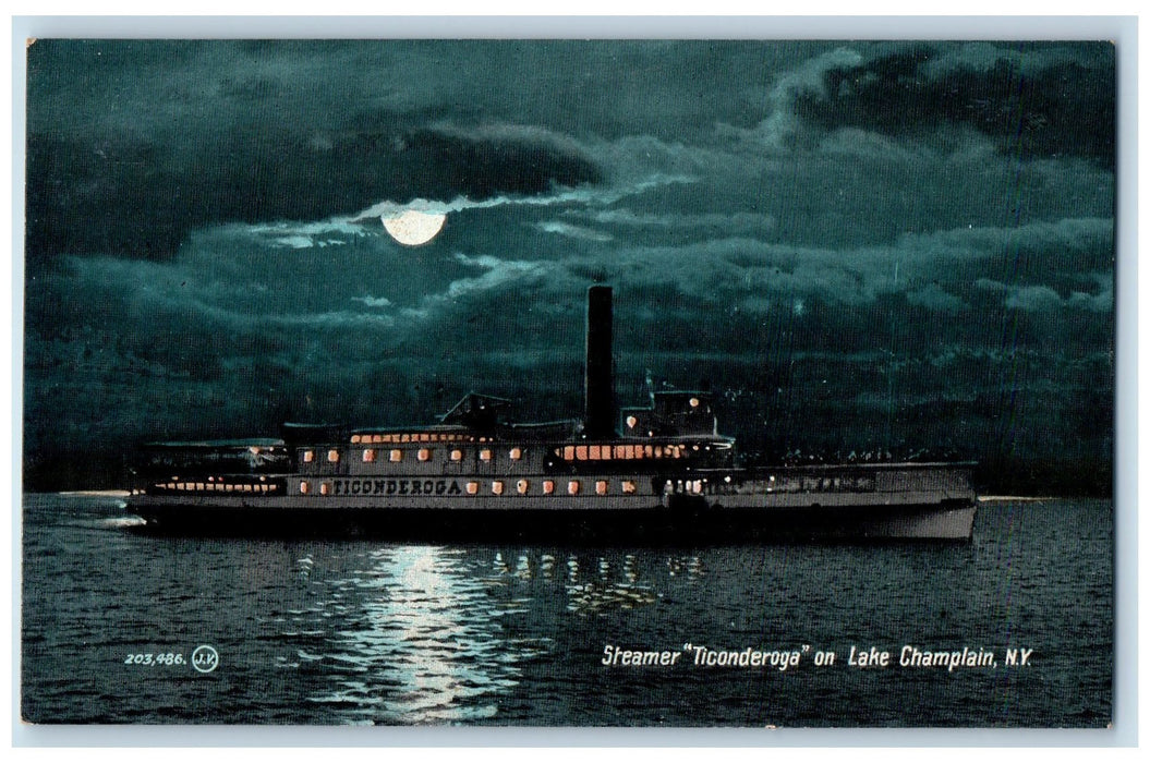 c1910's Steamer Ticonderoga Lake Moonlight Passenger Ship Champlain NY Postcard