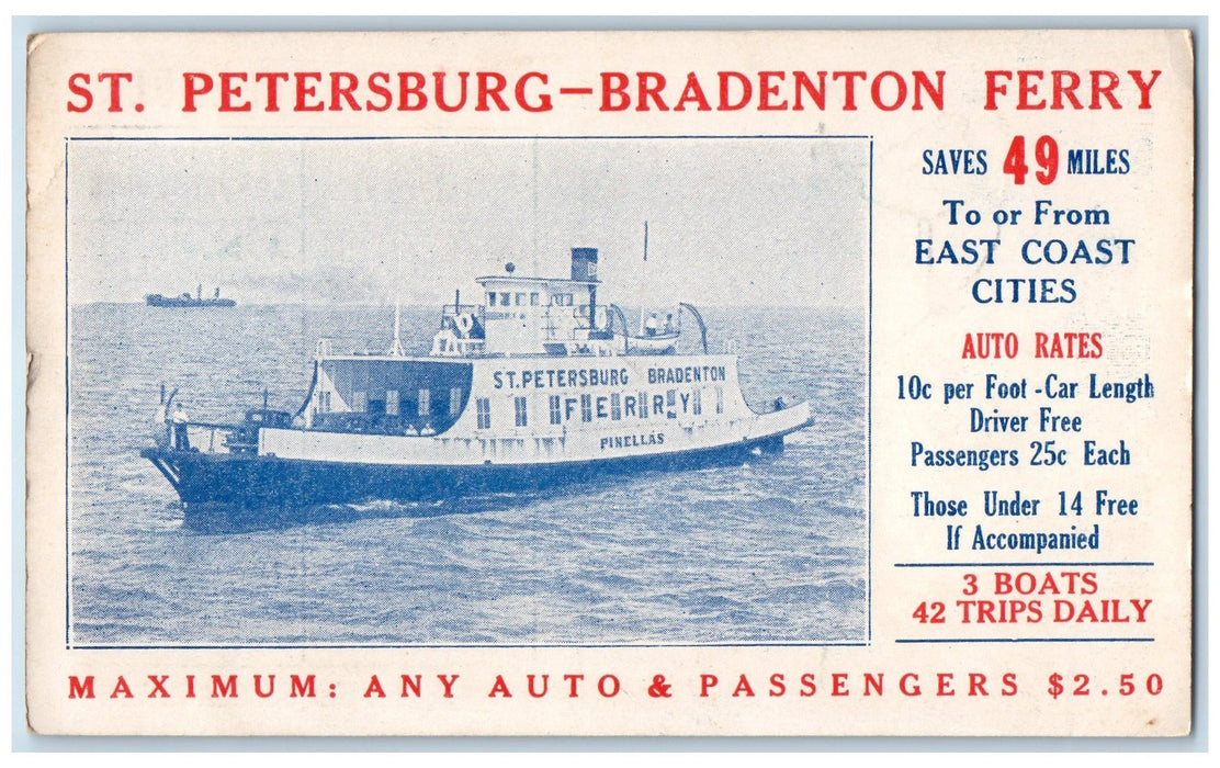c1920's St. Petersburg Bradenton Ferry Boat Winter Schedule Trips Route Postcard