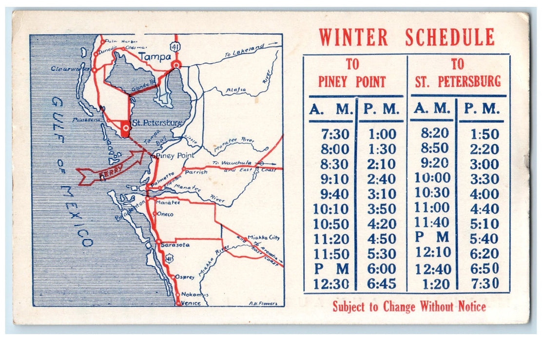 c1920's St. Petersburg Bradenton Ferry Boat Winter Schedule Trips Route Postcard