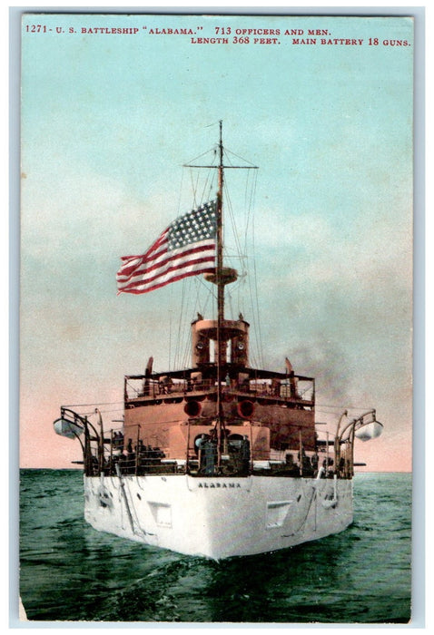 c1910 US Battleship Alabama 713 Officers Men American Flag Navy Boat Postcard