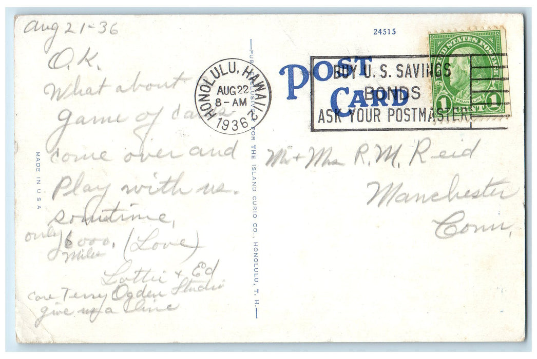 1936 Greetings From Hawaiian Islands Beach Shore Trees Honolulu Hawaii Postcard