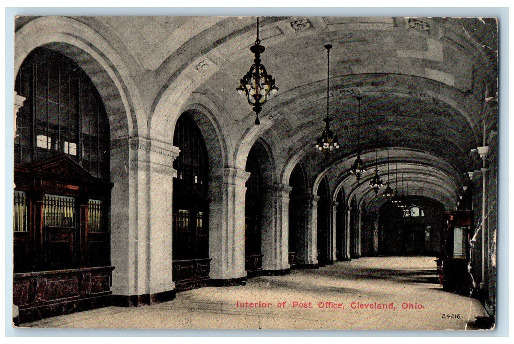 1912 Interior Of Post Office Scene Cleveland Ohio OH Posted Chandelier Postcard