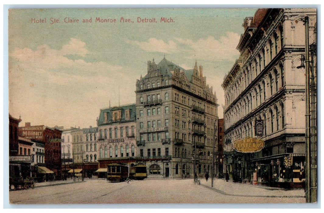 1909 Hotel Ste. Claire And Monroe Ave. Scene Detroit Michigan MI Posted Postcard