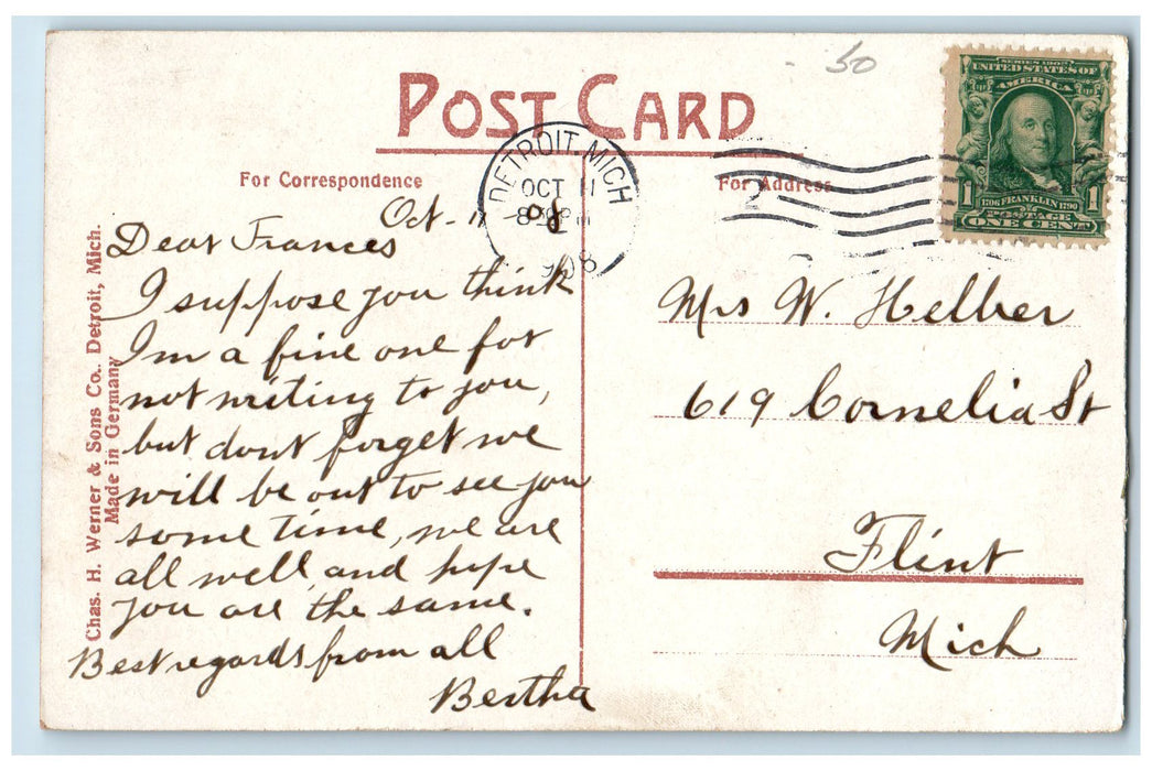 1908 Campus Martius Aerial View Detroit Michigan MI Posted Fountain Postcard