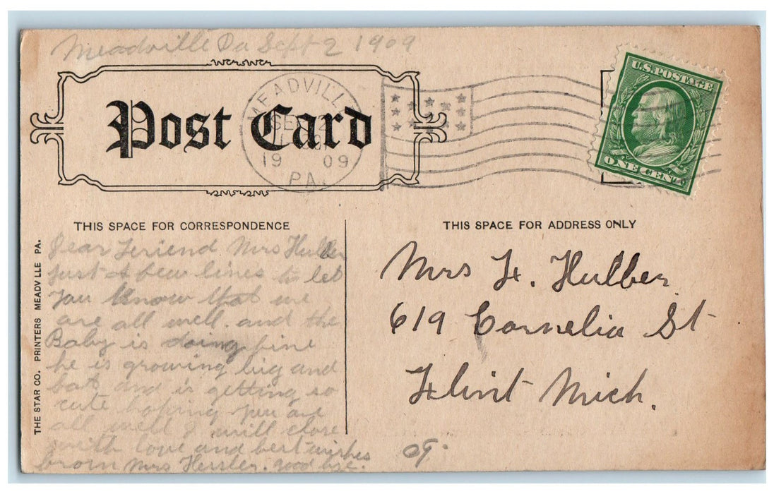 1909 Spencer Hospital Exterior Scene Meadville Pennsylvania PA Posted Postcard