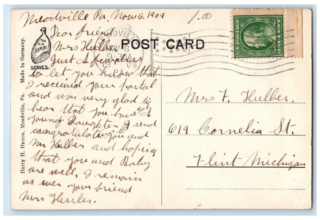 1909 St. Agatha's School Exterior View Meadville Pennsylvania PA Posted Postcard