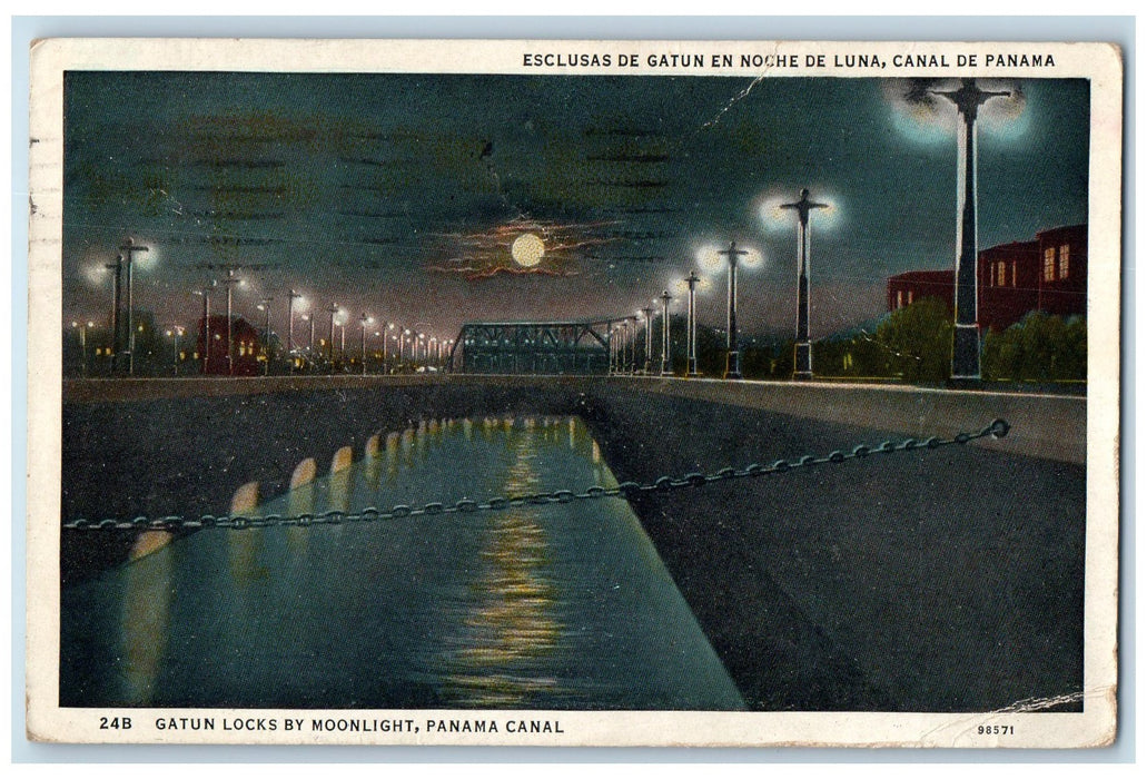 1935 Gatun Locks By Moonlight Scene Panama Canal Panama PA Posted Postcard