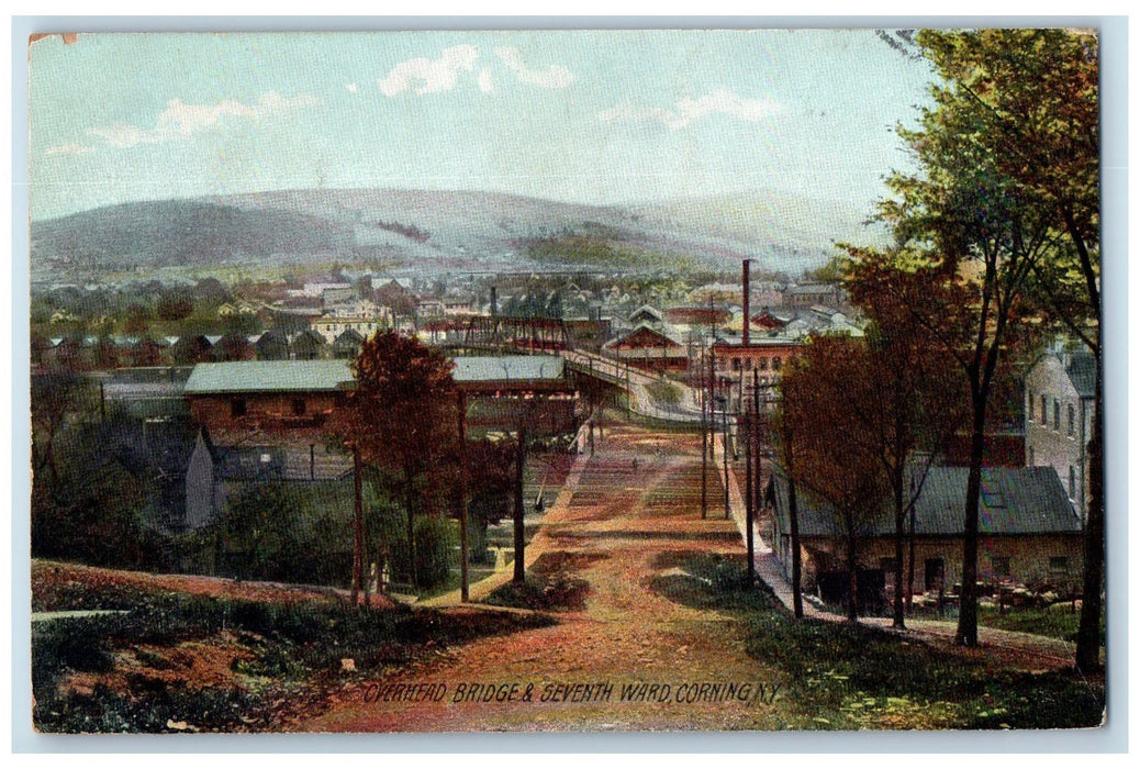 1909 Overhead Bridge & Seventh Ward Corning New York NY Posted Houses Postcard