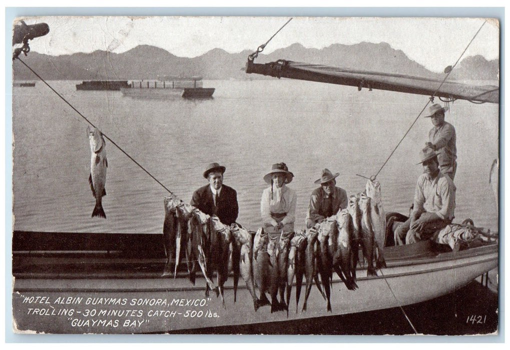 1910 Hotel Albin Guaymas Trolling Fishing Scene Sonora Mexico MX Posted Postcard