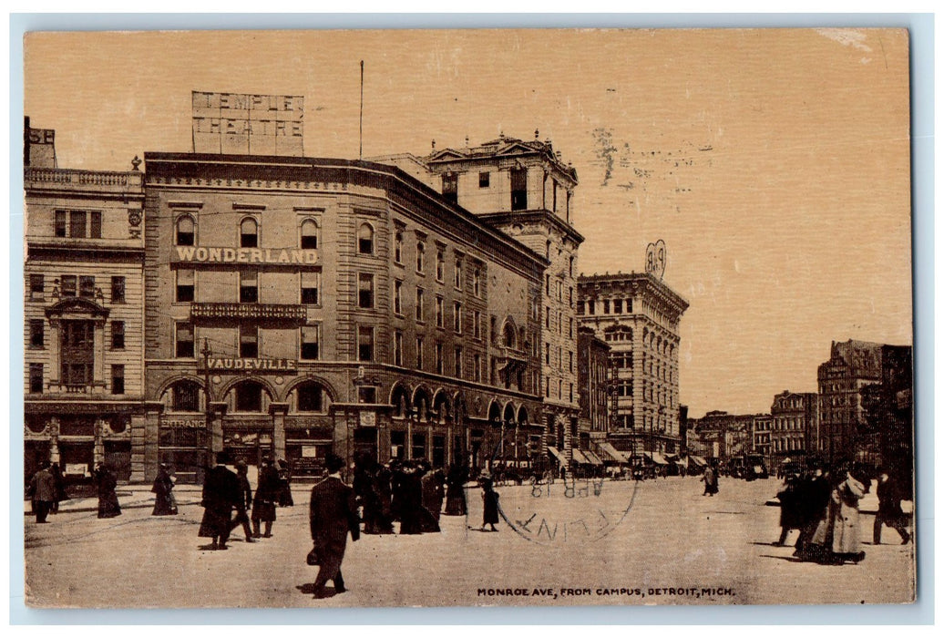 1906 Monroe Avenue View From Campus Detroit Michigan MI Posted Theatre Postcard