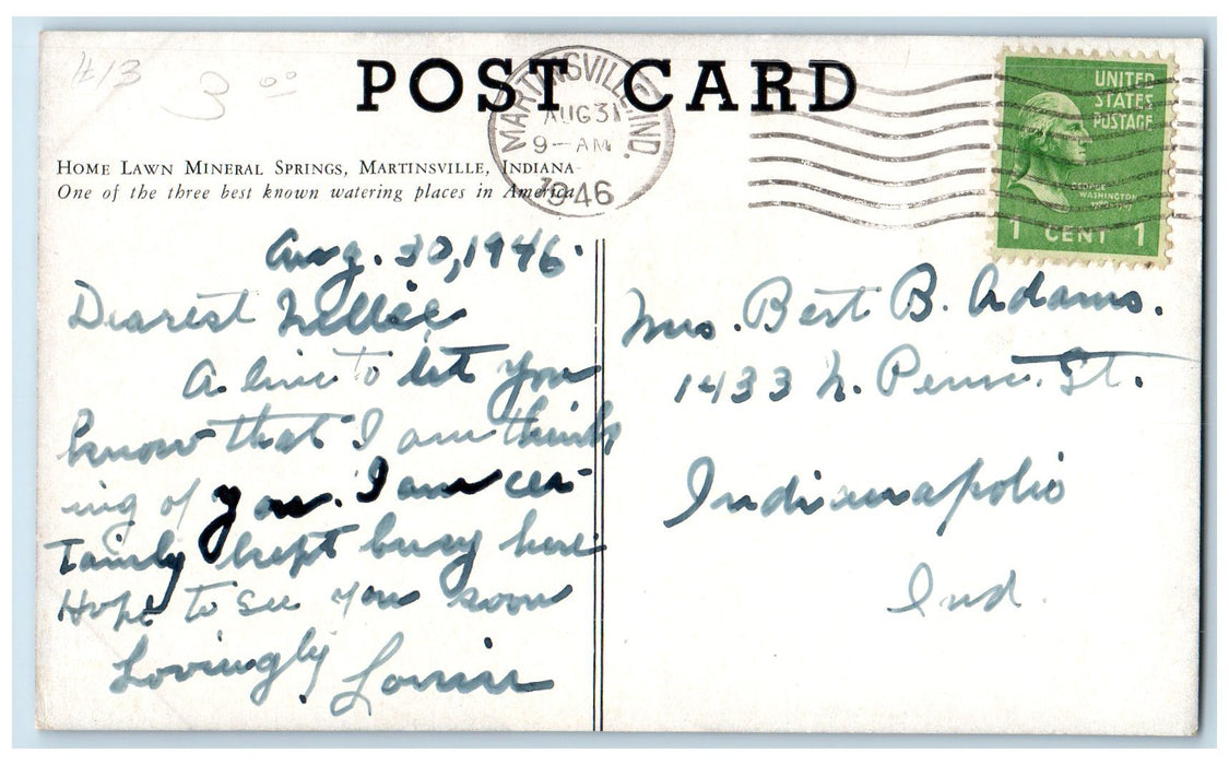 1946 Home Lawn Mineral Springs Martinsville Indiana IN Watering Place Postcard