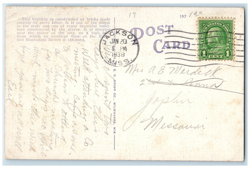 1938 Warren County Court House Exterior Vicksburg Mississippi MS Posted Postcard