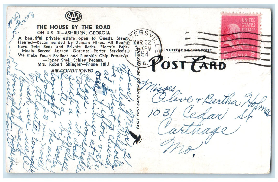 1954 The House By The Road Private Estate Ashburn Georgia GA Posted Postcard