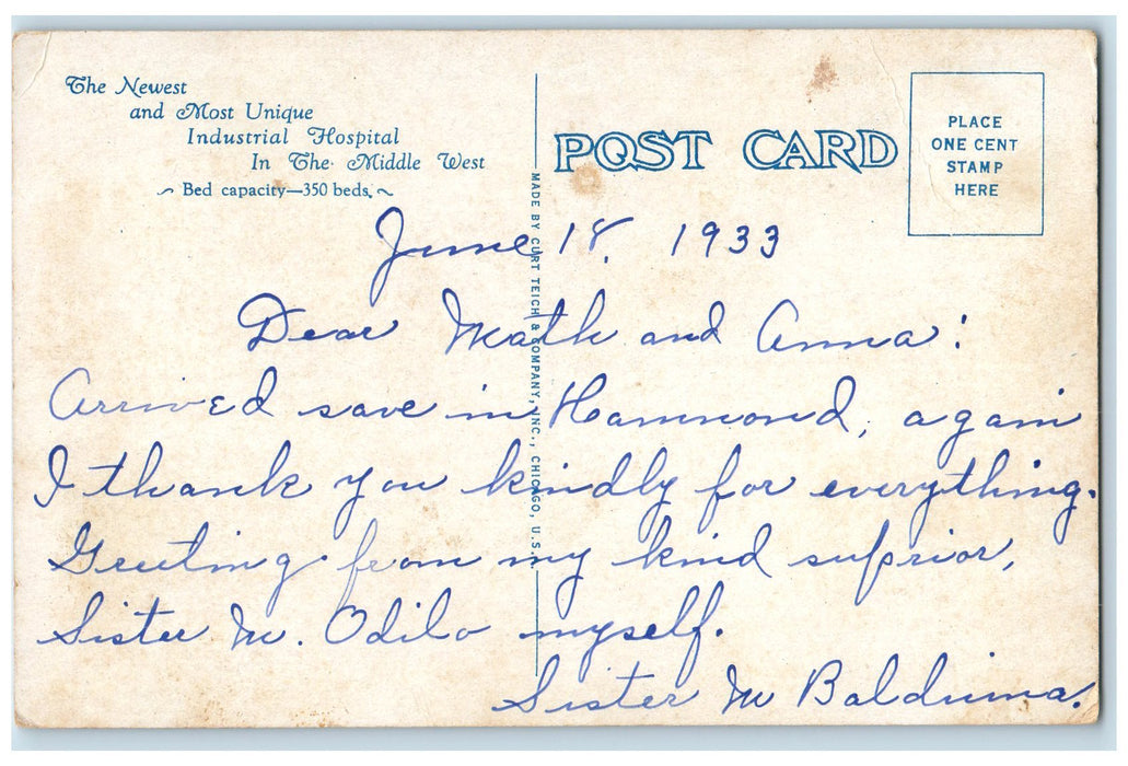 c1920's St. Catherine's Hospital Scene East Chicago Indiana IN Unposted Postcard