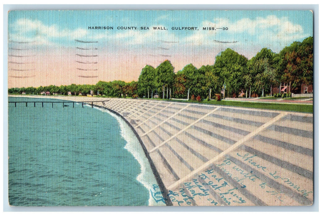 1939 Harrison County Sea Wall Waves Scene Gulfport Indiana IN Posted  Postcard