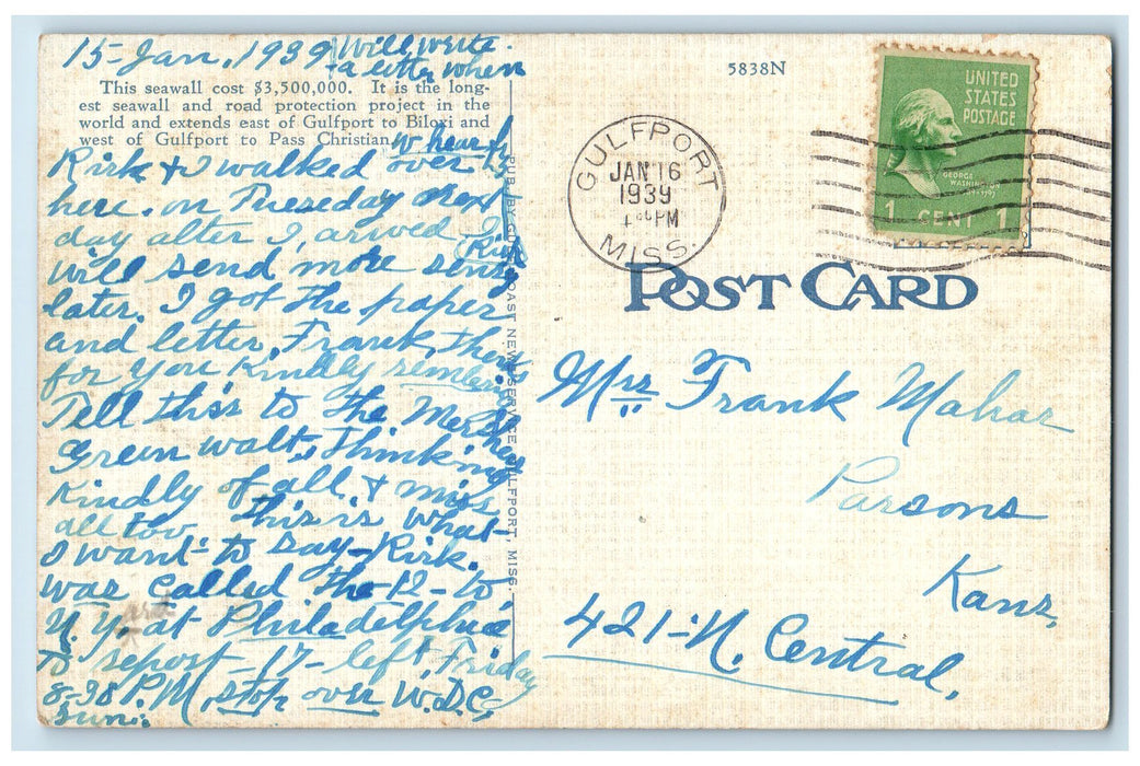 1939 Harrison County Sea Wall Waves Scene Gulfport Indiana IN Posted  Postcard