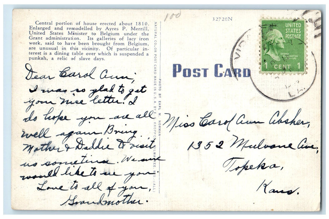 1942 Elmscourt Exterior Plants Covered Natchez Mississippi MS Posted Postcard