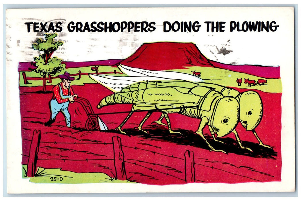 1960 Texas Grasshopper Doing The Plowing Exaggerated TX Cartoon Comic Postcard