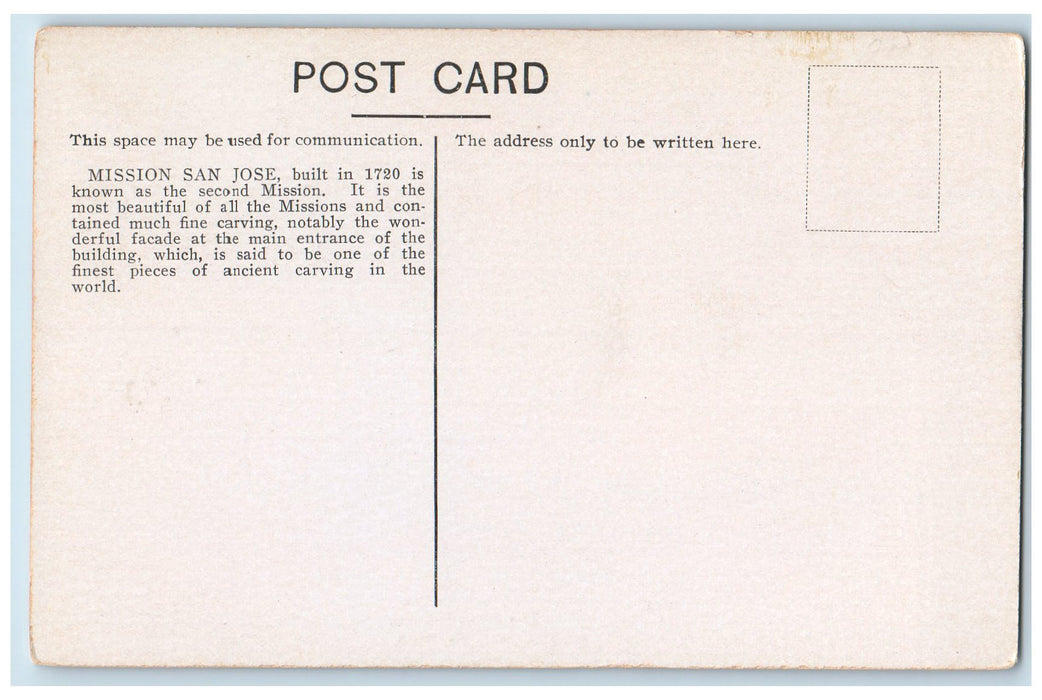 c1920's Mission San Jose Second Mission San Antonio Texas TX Unposted Postcard