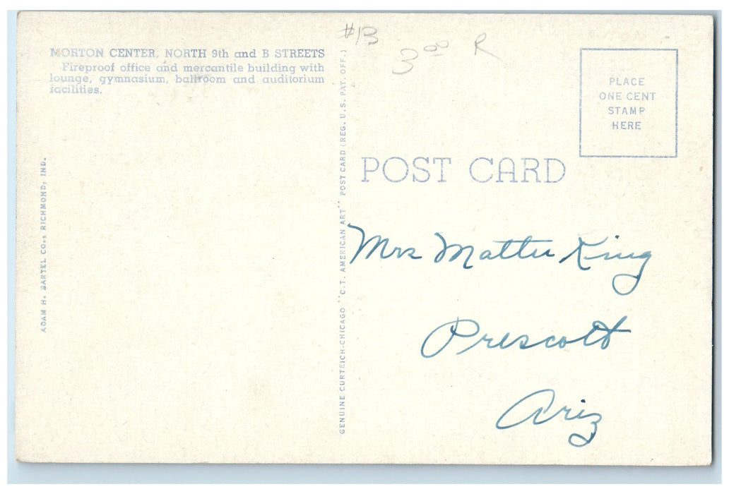 c1920's Morton Center Fire Proof Office Richmond Indiana IN Unposted Postcard