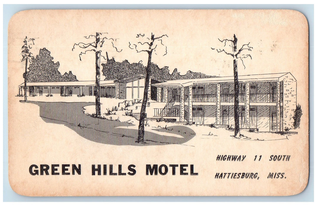 1958 Green Hills Motel Roadside View Hattiesburg Mississippi MS Sketch Postcard