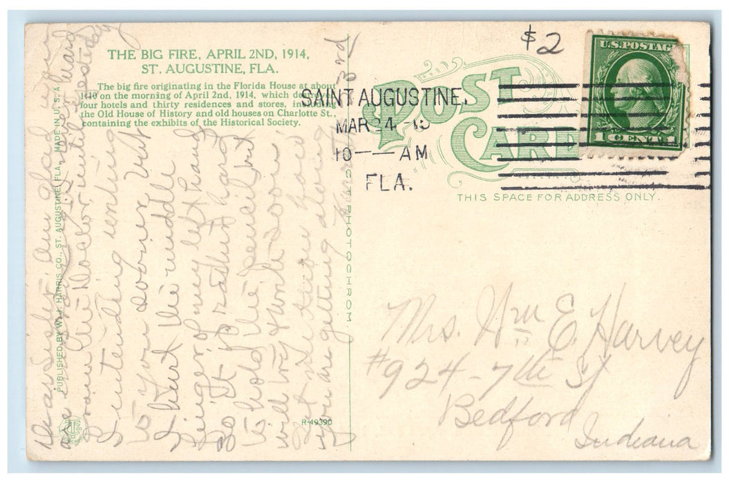 c1920's The Big Fire April 2nd 1914 St. Augustine Florida FL Posted Postcard