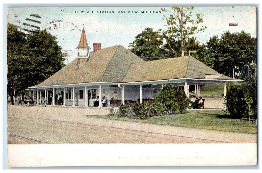 1914 EG. R & I. Railroad Station Scene Bay View Michigan MI Posted Postcard