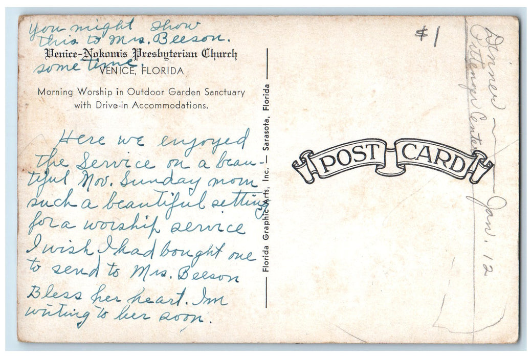 c1940's Venice Nokomis Presbyterian Church Venice Florida FL Unposted Postcard