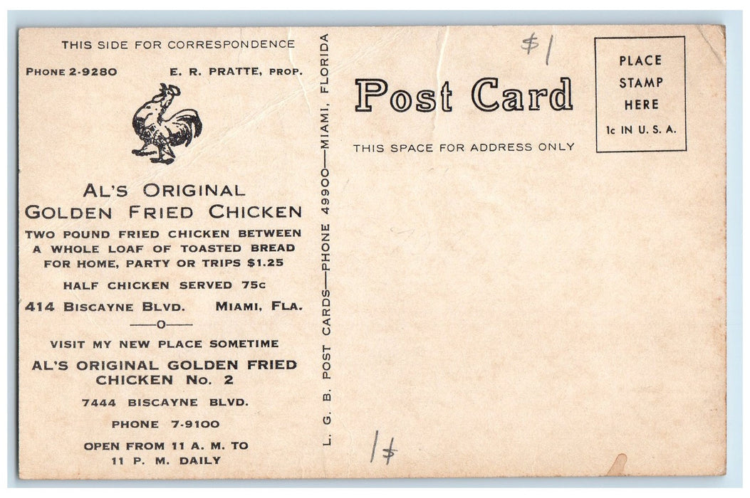 c1920's Al's Original Golden Fried Chicken Miami Florida FL Unposted Postcard