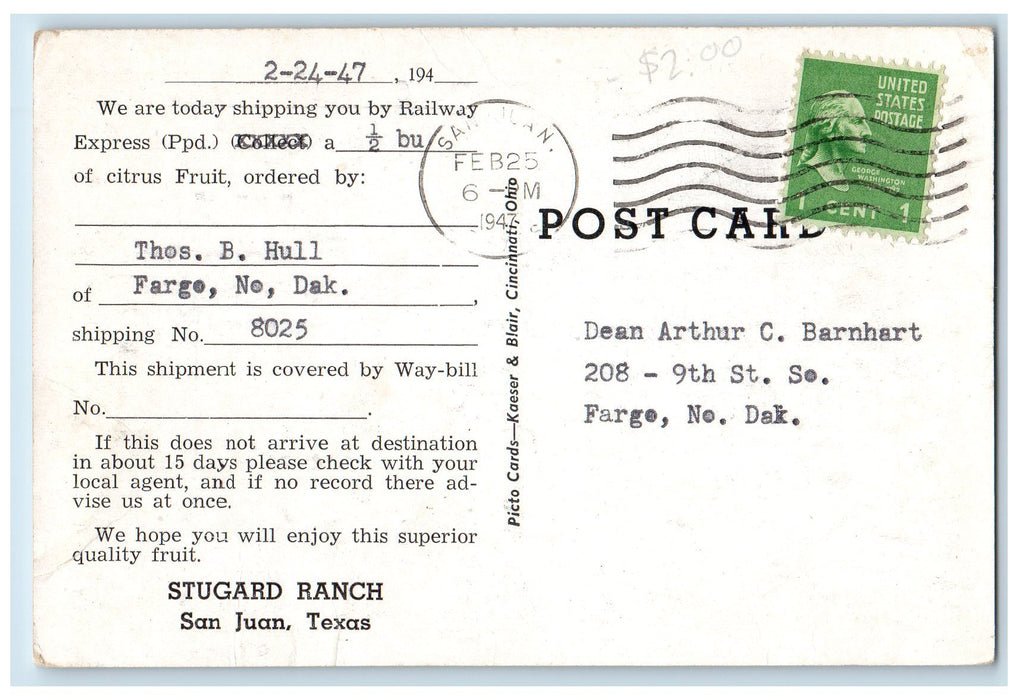 1947 Stugard Ranch Aerial Scene Actual Photo San Juan Texas TX Posted Postcard