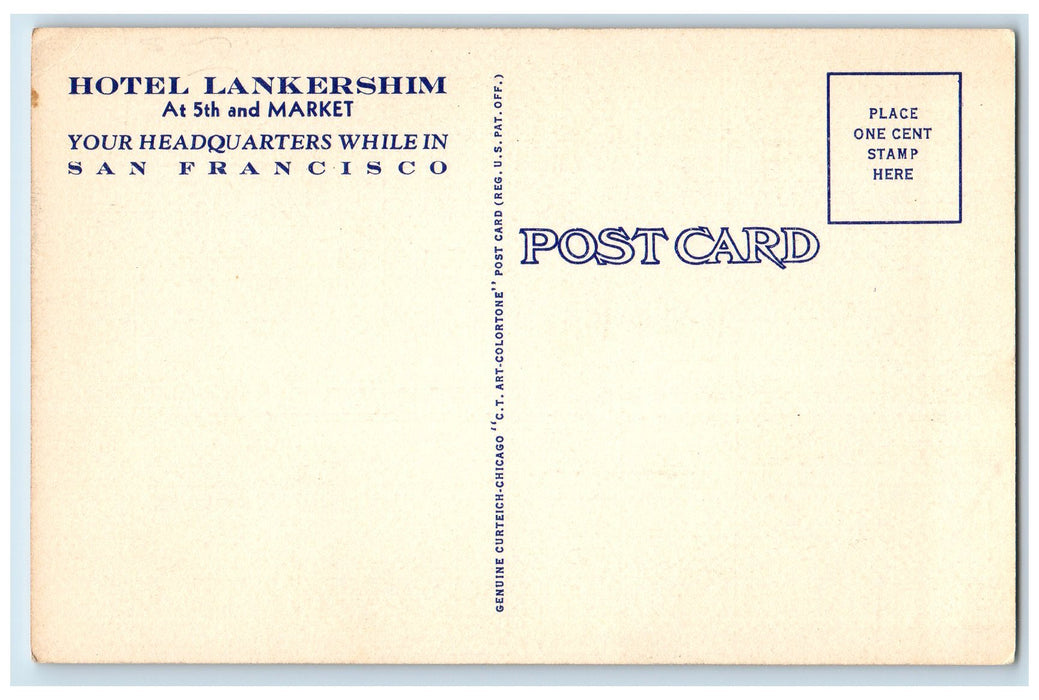 c1950's Hotel Lankershim Restaurant 55 5th San Francisco CA Advertising Postcard