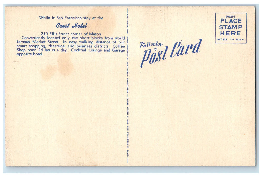 c1950's Crest Hotel Restaurant Multiple View Mason San Francisco 2 CA Postcard