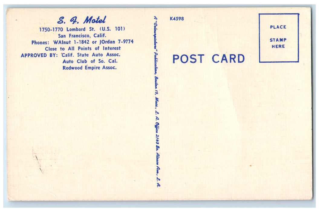 c1950 San Francisco Motel Entrance Restaurant Lombard San Francisco CA Postcard