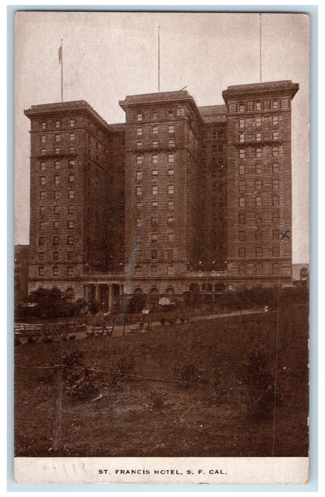 c1920 St. Francis Hotel Restaurant Pathway Bench Flags San Francisco CA Postcard