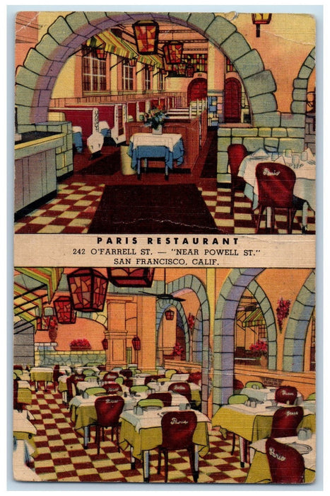 1957 Paris Restaurant Interior Dining Set Up Vallejo San Francisco CA Postcard