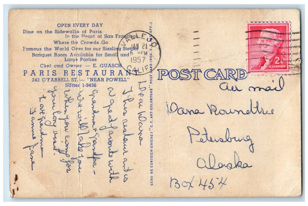 1957 Paris Restaurant Interior Dining Set Up Vallejo San Francisco CA Postcard