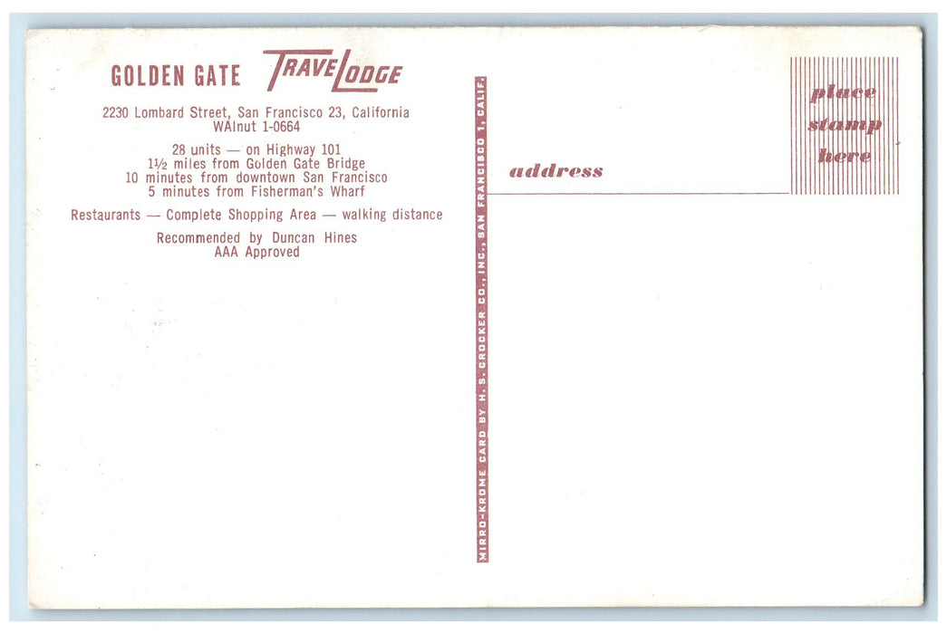 c1950 Golden Gate Travelodge Motel Restaurant Lombard San Francisco CA Postcard