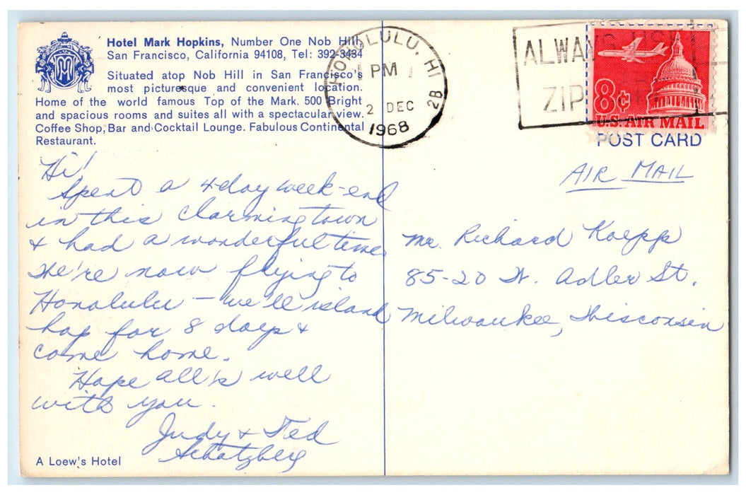 1968 Hotel Mark Hopkins Restaurant Honolulu Nob Hill San Francisco CA Postcard