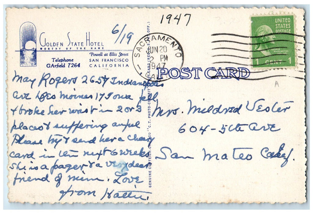 1947 Golden State Hotel Restaurant Sacramento Ellis San Francisco CA Postcard