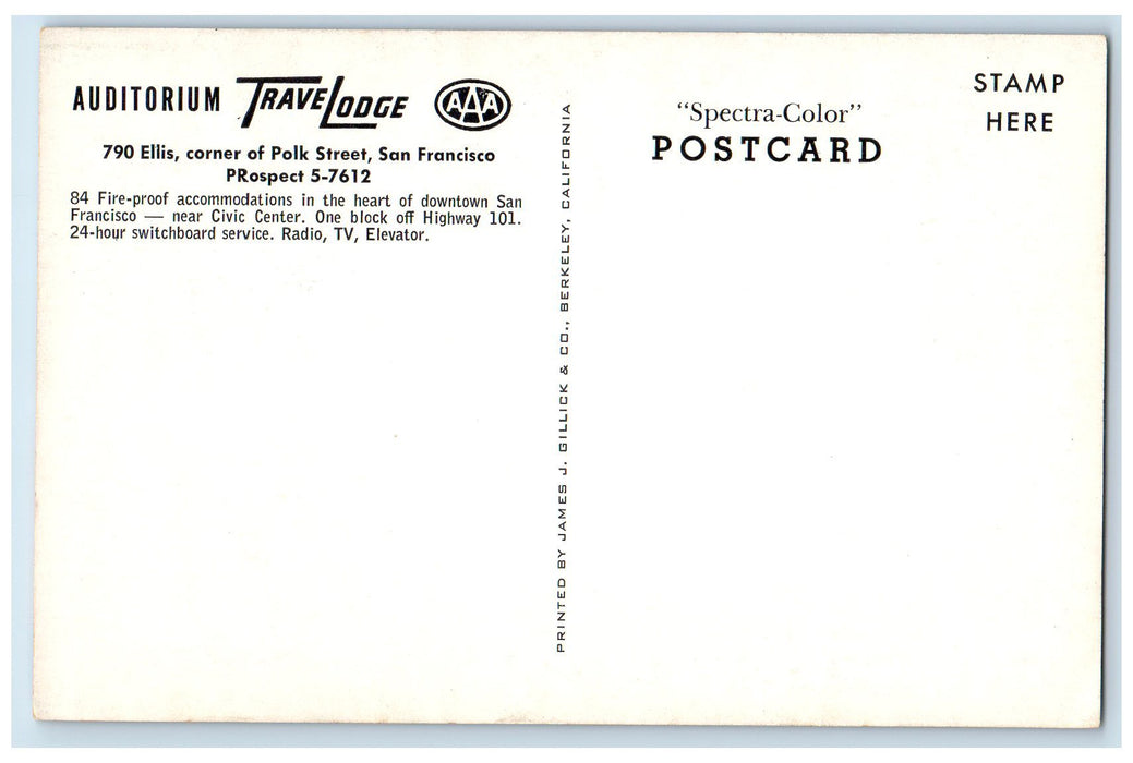 c1950 Auditorium Travelodge Entrance Restaurant Ellis San Francisco CA Postcard