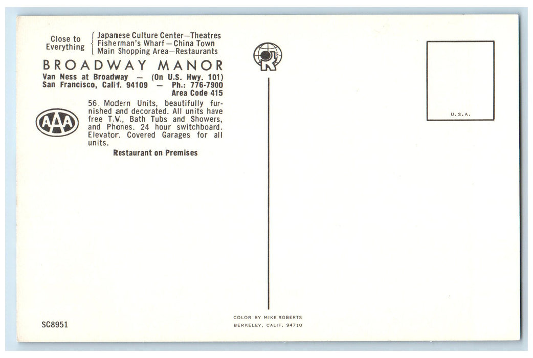 c1950's Broadway Manor View Restaurant Classic Cars San Francisco CA Postcard