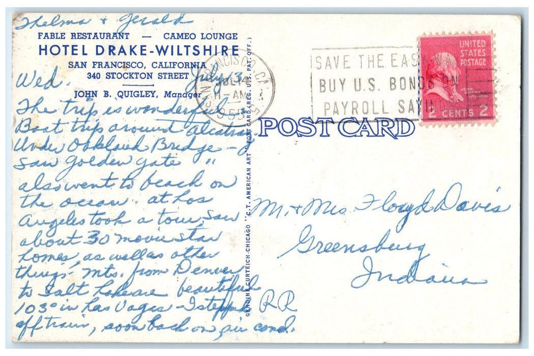 1955 Hotel Drake Wiltshire View Restaurant Stockton San Francisco CA Postcard