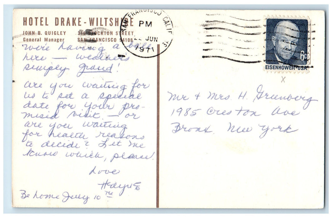 1971 Hotel Drake Wiltshire Services View Restaurant San Francisco CA Postcard