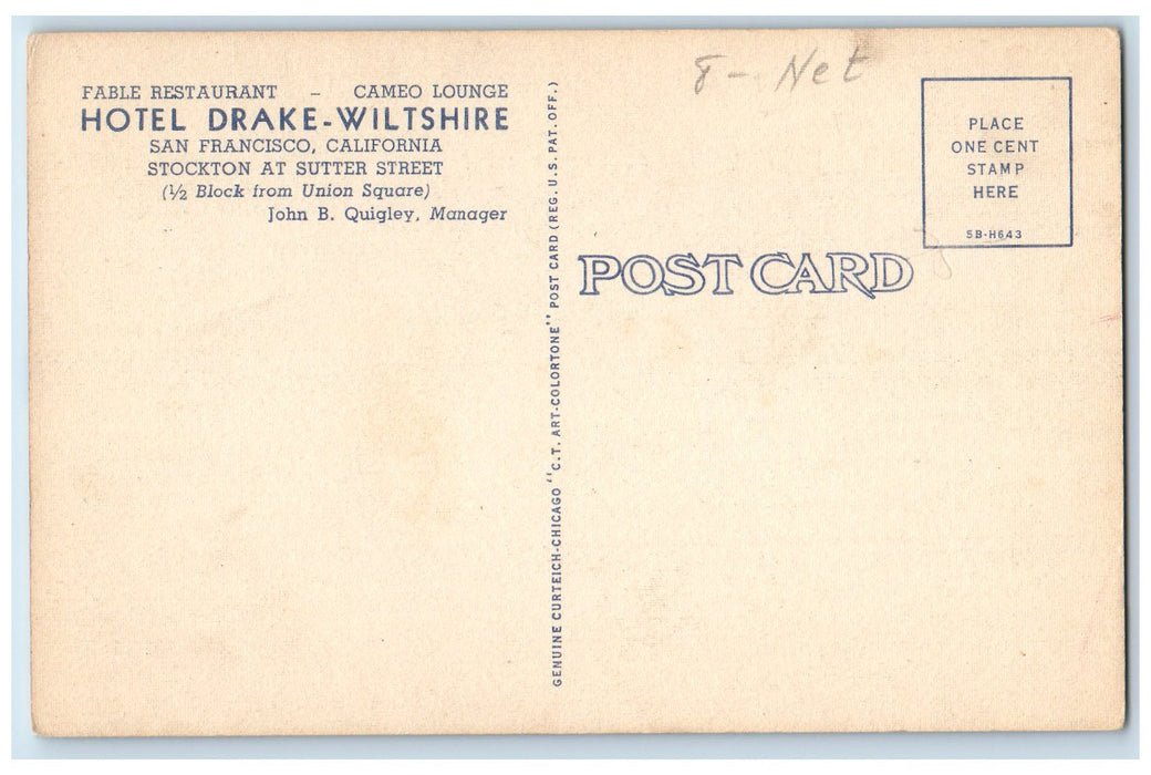 c1950 Hotel Drake Wiltshire Cartoons Fable Restaurant San Francisco CA Postcard