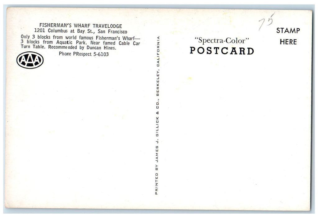 c1950 Fisherman's Wharf Travelodge Restaurant Bay St. San Francisco CA Postcard