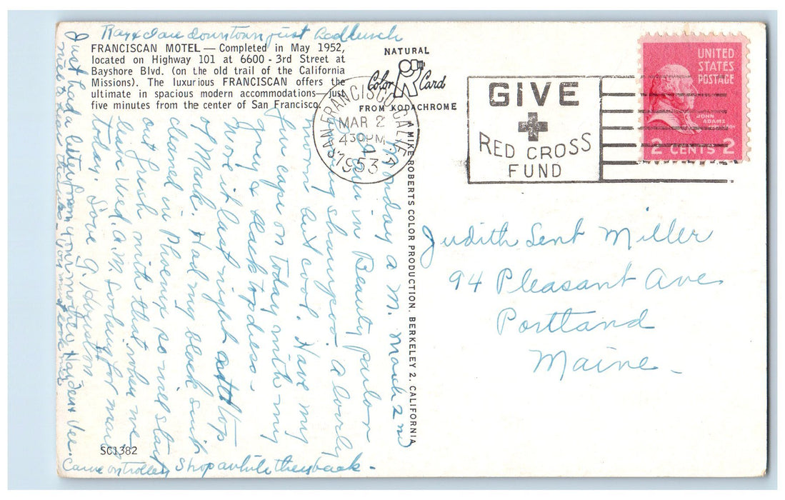 1953 Franciscan Motel Restaurant Classic Cars Bayshore San Francisco CA Postcard