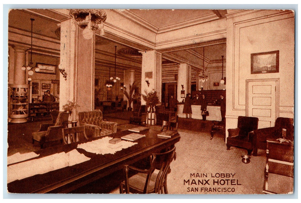 1912 Hotel Manx Restaurant Interior Main Lobby Tourist San Francisco CA Postcard