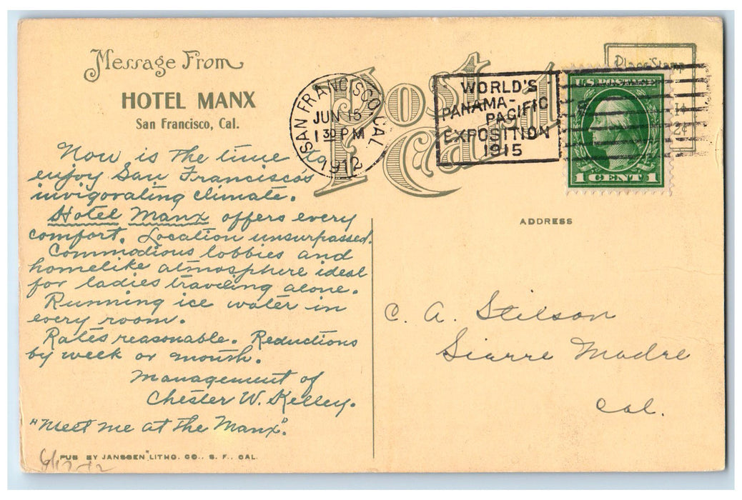 1912 Hotel Manx Restaurant Interior Main Lobby Tourist San Francisco CA Postcard