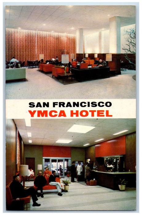 1971 San Francisco YMCA Hotel Restaurant Lobby Front Desk Turk St. CA Postcard